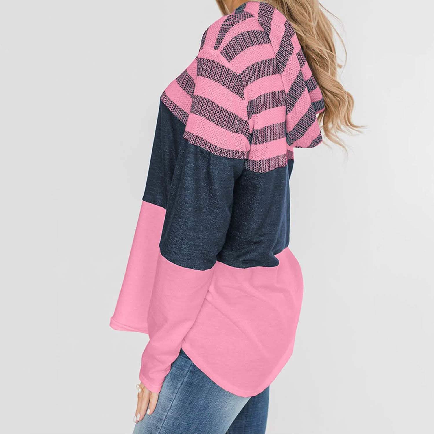 Actloe Women Long Sleeve Striped Color Block Casual Hoodies