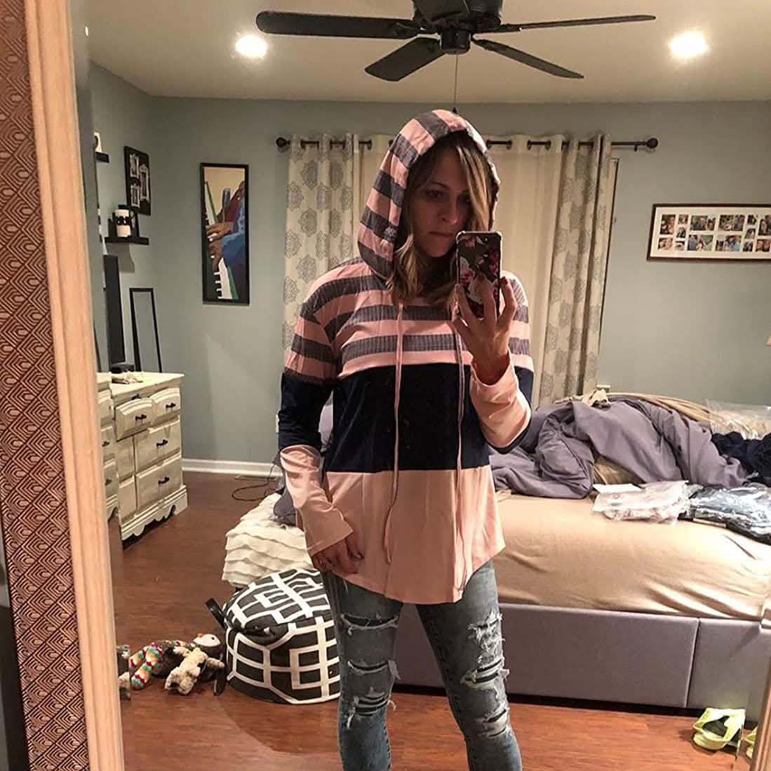 Actloe Women Long Sleeve Striped Color Block Casual Hoodies