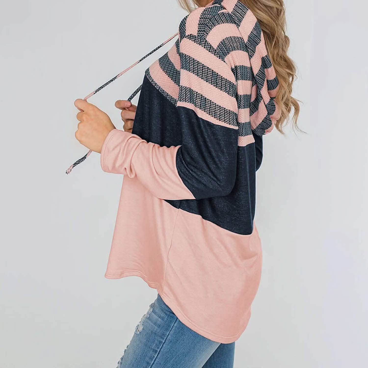 Actloe Women Long Sleeve Striped Color Block Casual Hoodies