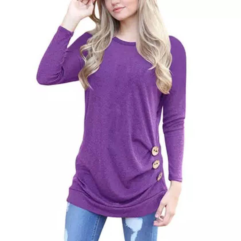 Women Elegant Long Sleeve Round Neck Loose Blouse Tops