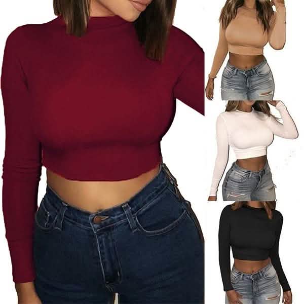 Women's Casual Round Neck Bottoming Long Sleeve Crop Top