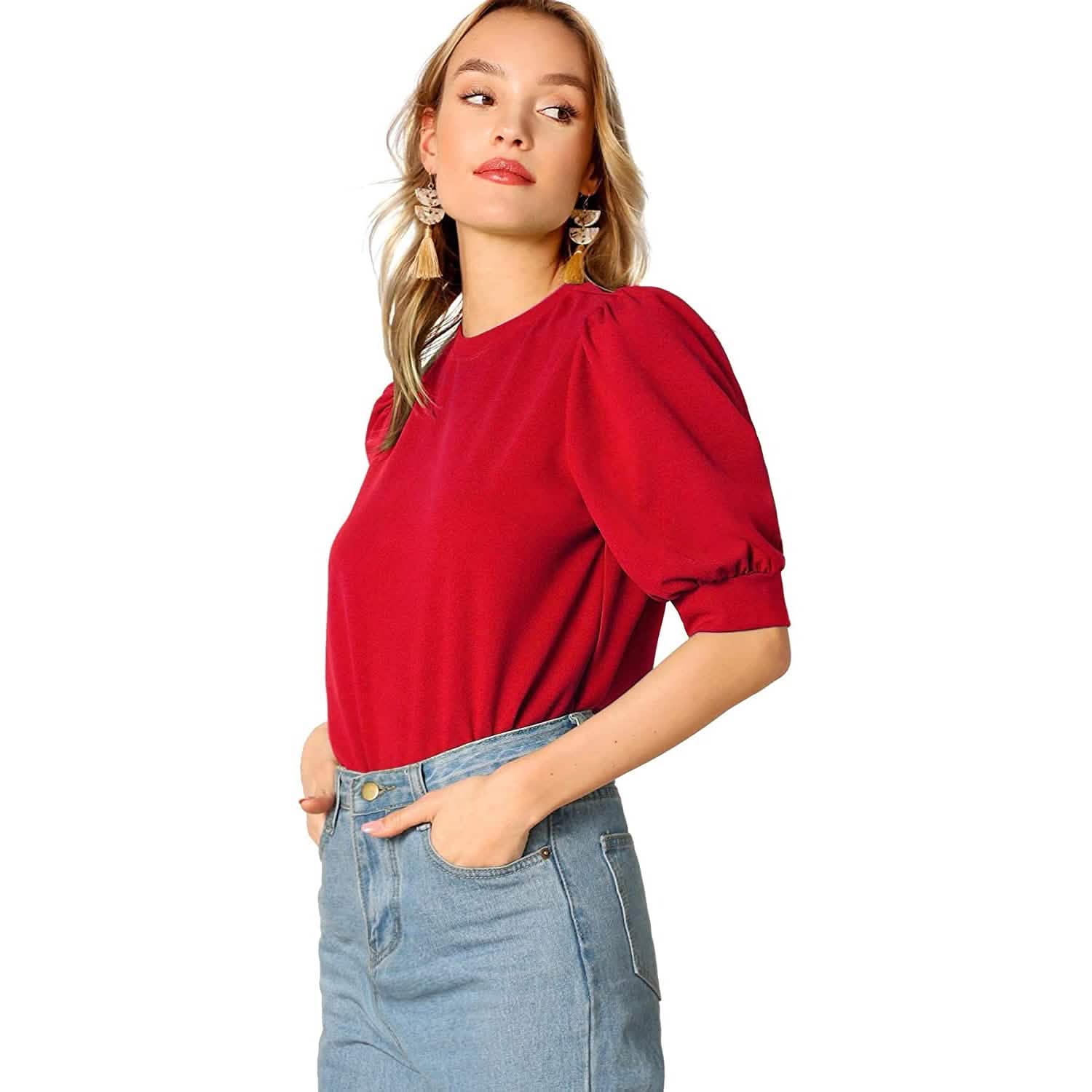 Women's Puff Sleeve Pullover Keyhole Back Blouse